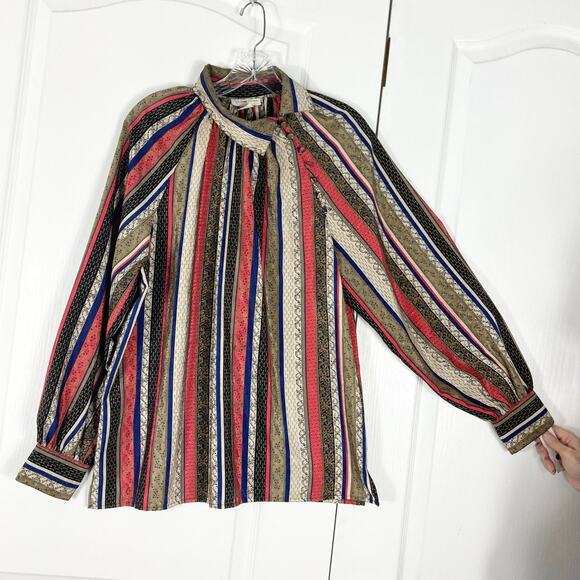 NWOT EVAN PICONE Top 14 Vintage Stripe Jacquard Asymmetric-Button-Collar Ruched - Picture 2 of 14